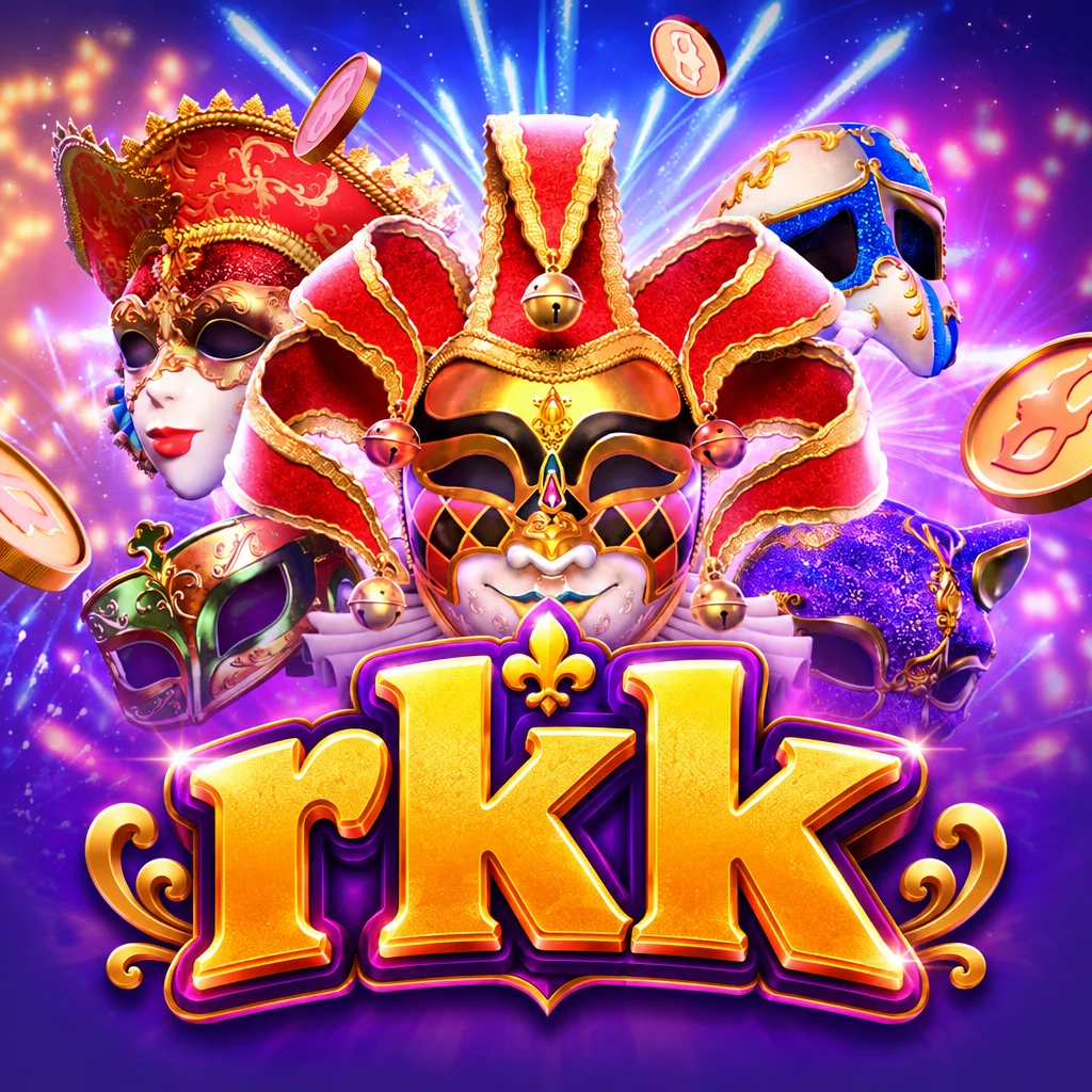 Logo rkk berpadu dengan topeng karnaval Venesia berhias emas dan latar pesta kembang api Mask Carnival